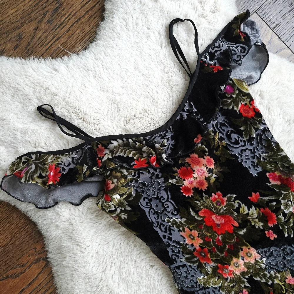 Vintage Betsey Johnson Dark Romance Floral Velvet Burnout Silk Slip Dress - Picture 2 of 9